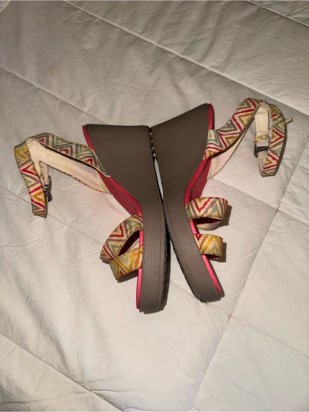 CROCS Brown Wedge Sandals with Multicolor Chevron Straps
